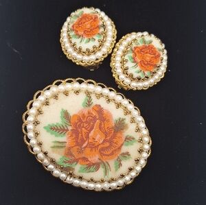 🌹 Vintage 1950s–1960s W. Germany Rose Brooch & Clip-On Earrings Set 🌹